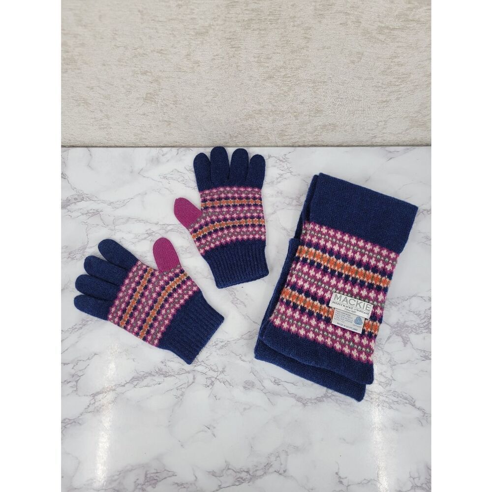 Mackie Wool Navy & Purple Fair Isle Knit Gloves and Scarf Set